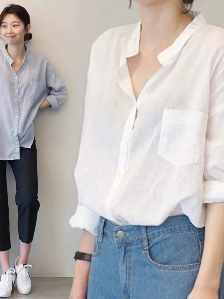 

White Cotton Linen Loose Fit Lightweight Long Sleeve Shirt Women's Summer Top Korean Style Sun Protection V Neck Button Closure