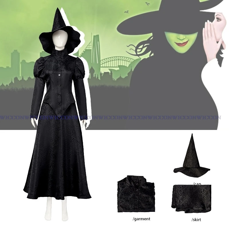 

Wicked Cosplay Witches Costumes Witch's Robe Elphaba Clothes Gotic Movie Party Role-playing Black All Dress Robe Hat 2024 New