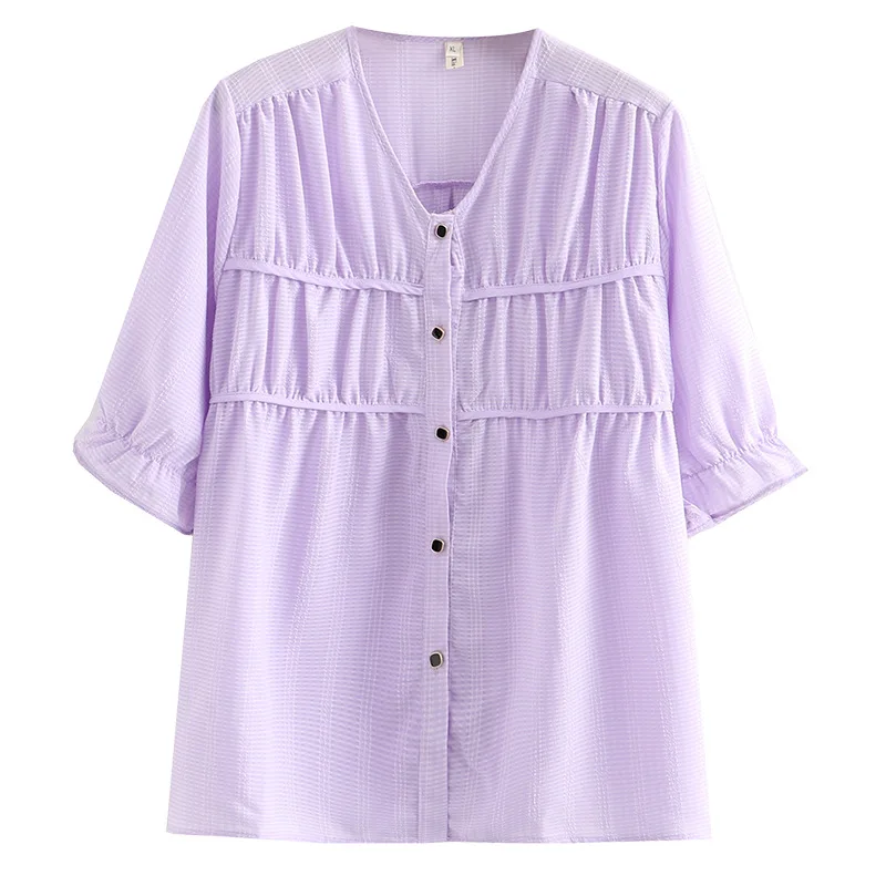 New 2023 Ladies Spring Summer Plus Size Tops For Women Large Size Short Sleeve V-neck Purple T-shirt Blouse 3XL 4XL 5XL 6XL