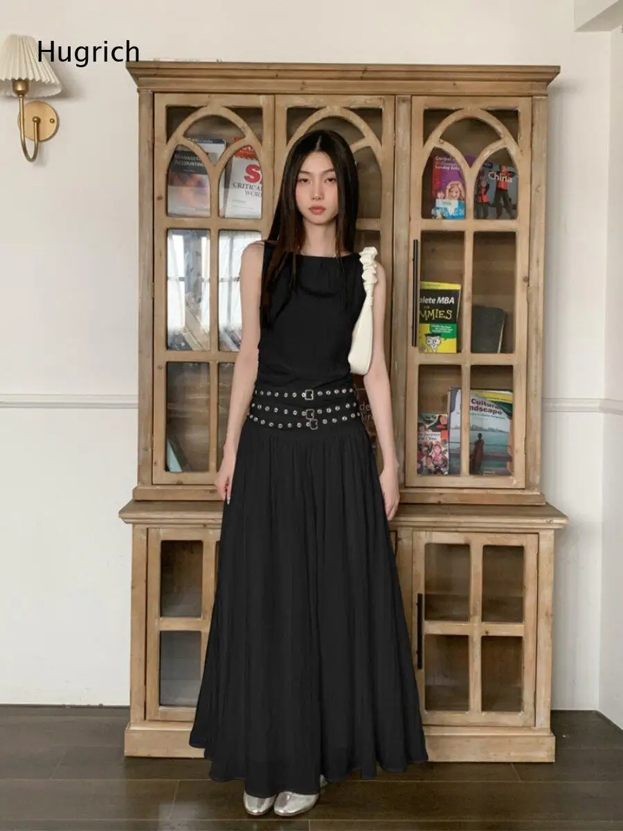 

Sleeveless Solid Color Maxi Dress With Free Double Rivet Belt High Waist Gathered Pleated Flowy Women Dress