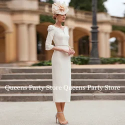 Sheath Mother of The Bride Dress V Neck 3/4 Sleeves Beading Pearls Belt Tea Length Wedding Guest Gown Banquet Party Dresses