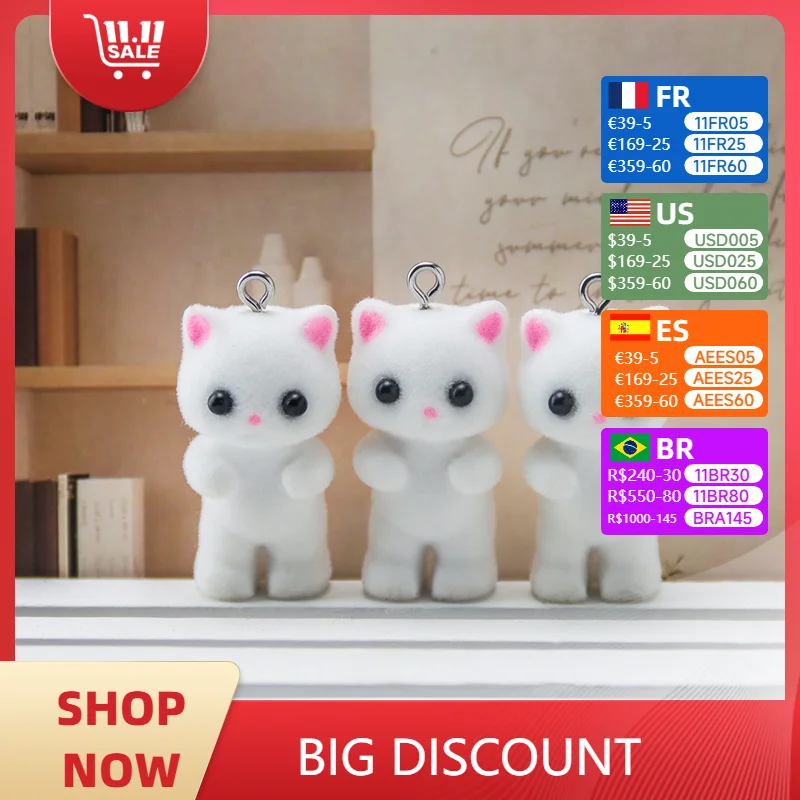 

30pcs Kawaii Fluffy Flocking Cat Animal Charms Miniature Dolls Keychain Necklace Pendant DIY Crafts Jewelry Make fittings