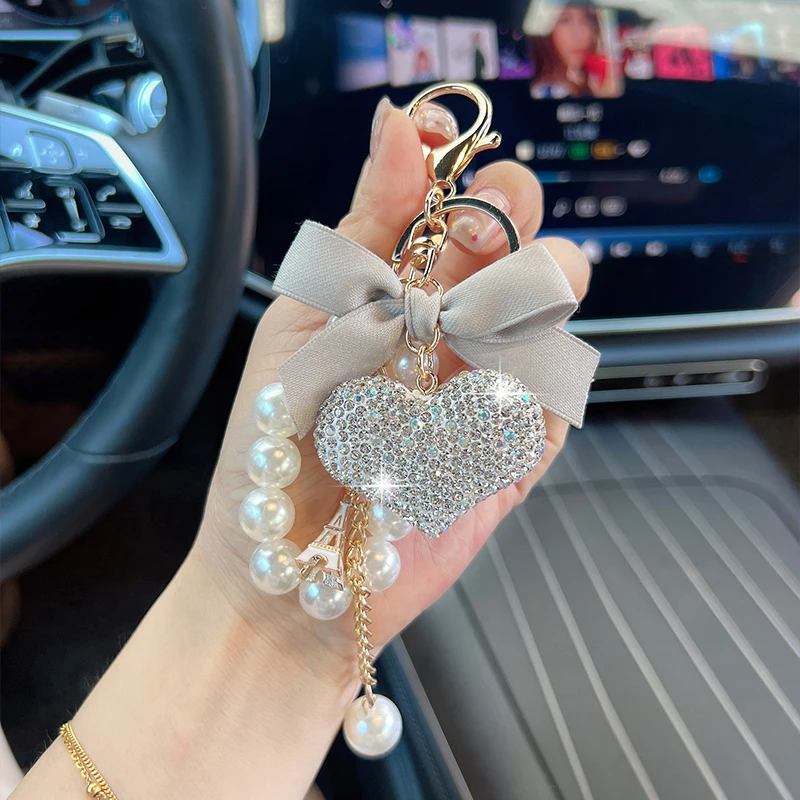 Fashion Bow Diamond Set Love Car Keychain Pearl Chain Peach Heart Bag Pendant Keychain Gift Charm
