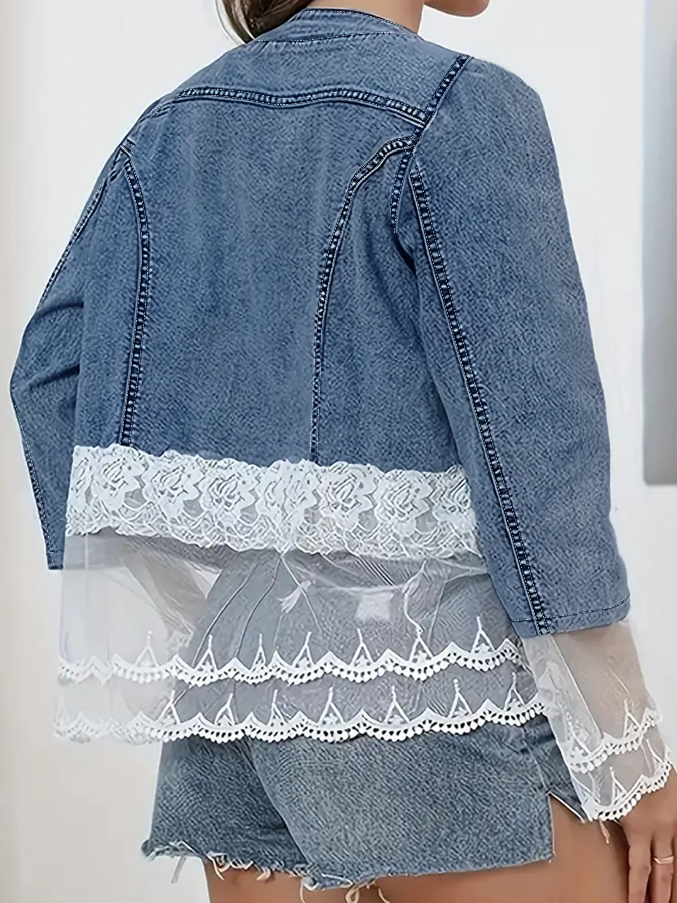Veste en jean courte grande taille pour femme, Design en dentelle perlée, élégante, confortable, surdimensionnée