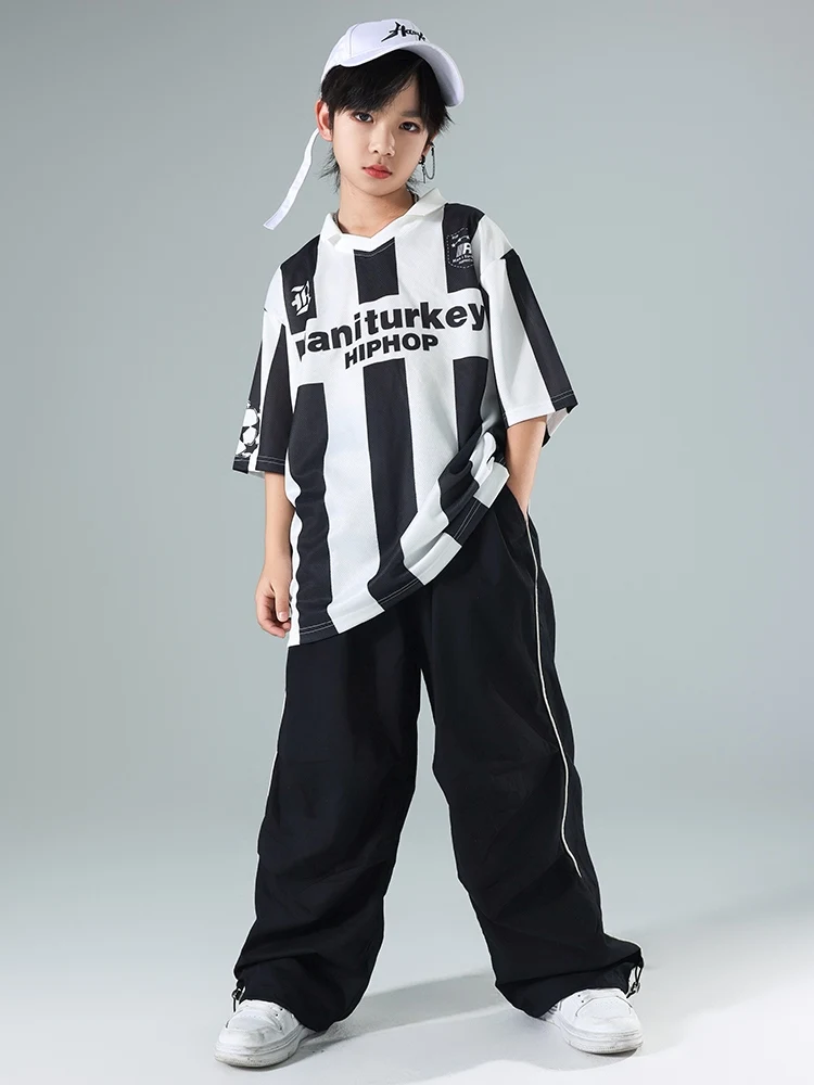 

Summer Hip Hop Dance Clothes For Boys Kids Striped T Shirt Black Pants Girls Short Sleeves Practice Clothing Jogger Wear L13449