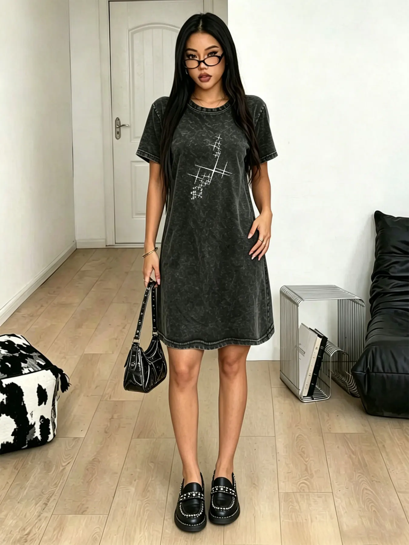 Vintage Washed Damen T-Shirt-Kleid, Modisches Streetwear-Markenkleid mit Sternenprint