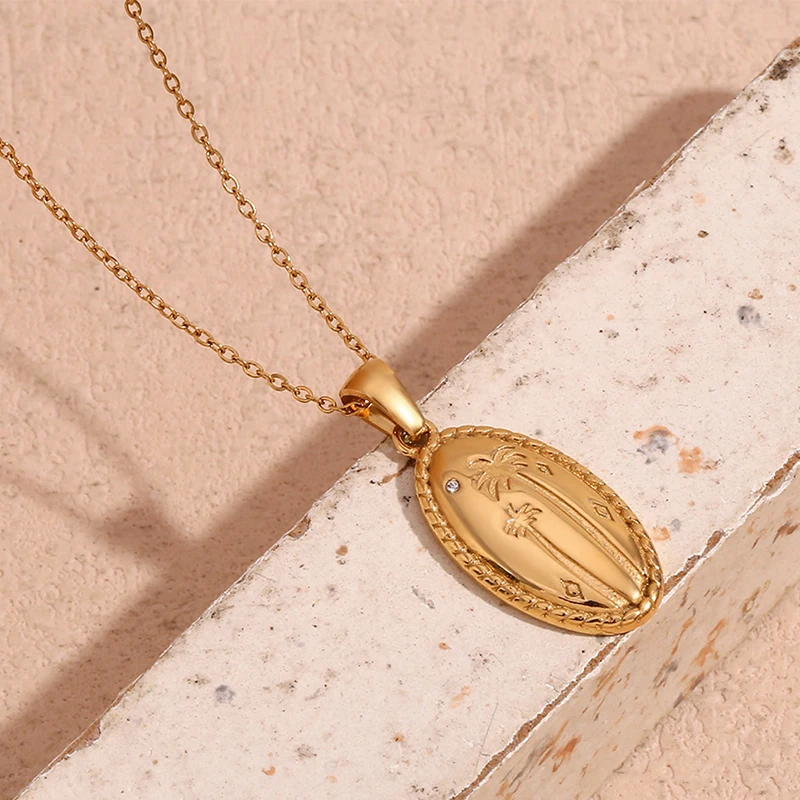

PRISCA | Coconut Tree Pendant Necklace for Women Stainless Steel Vacation Charms Jewelry Vintage Wholesale