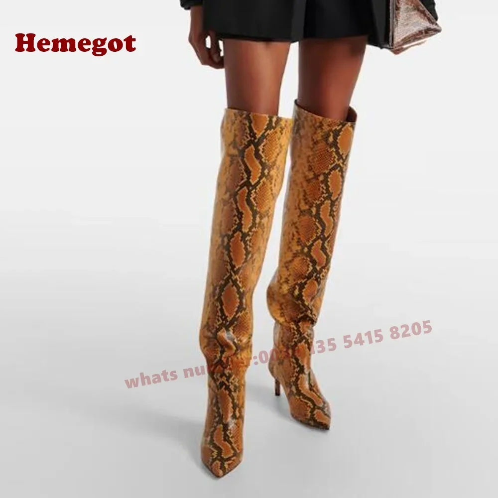 

Желтые высокие сапоги из змеиной кожи на котенке, женские сапоги без шнуровки выше колена с острым носком, зимняя кожаная повседневная обувь, теплая сексуальная обувь