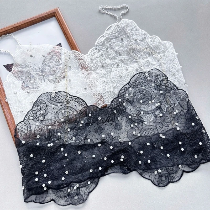 Women Hollowed Fishnet Mesh Crop Top Rhinestones Pearl Beading Camisole Vests