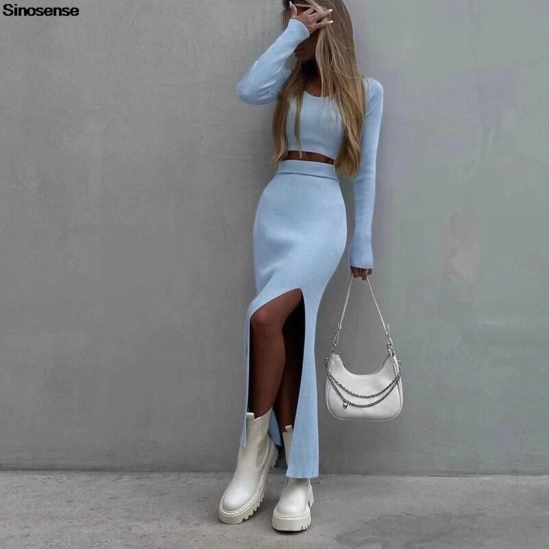 Women\'s Fall  2 Piece Sweater Set Ribbed Knit Long Sleeve Crop Top Side Split Bodycon Maxi Skirts Matching Sets Casual Outfits