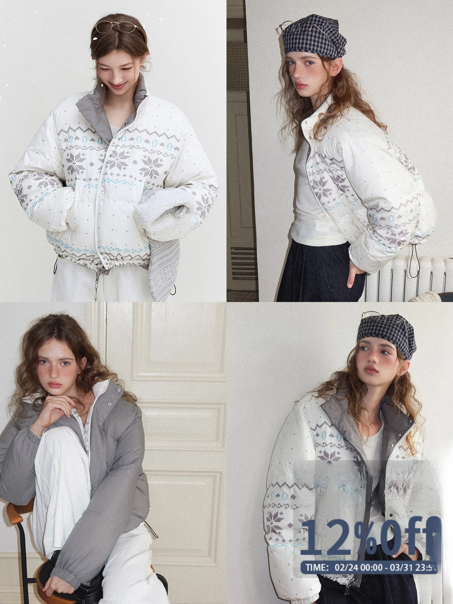 

Le Women's Puffer Jaet Bread Sle Du down Stand Collar Retro Nordic Double-Sided Wear 90% White Du Feather Coat