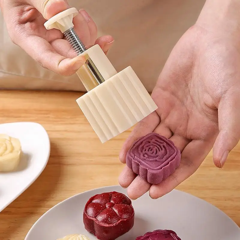 Hand Press Mooncake Mold With Interchangeable Stamps Easy Release Plastic Pastry Tool Home DIY Baking Dessert Craft Supply