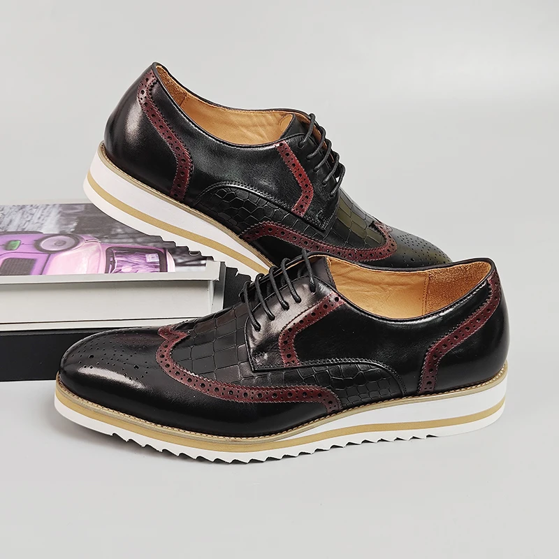 

Men's genuine leather color-block brogue shoes, perfect blend of business & casual, platform sole for all-day comfort.