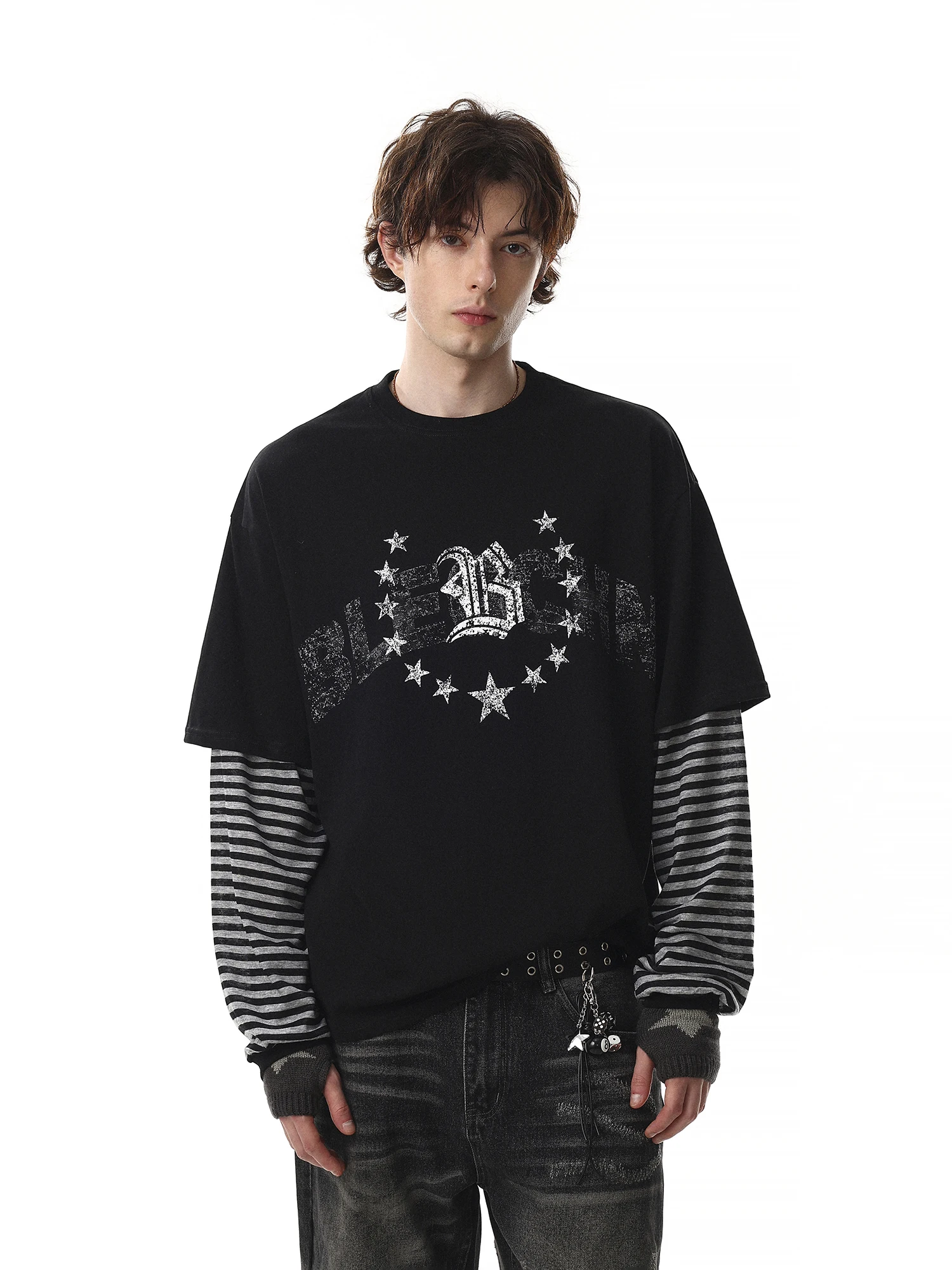 American Style Long Sleeve T-Shirt for Men Loose Patchwork Stripes Fake Two-Piece Top Star Letter Print Cotton round Neck