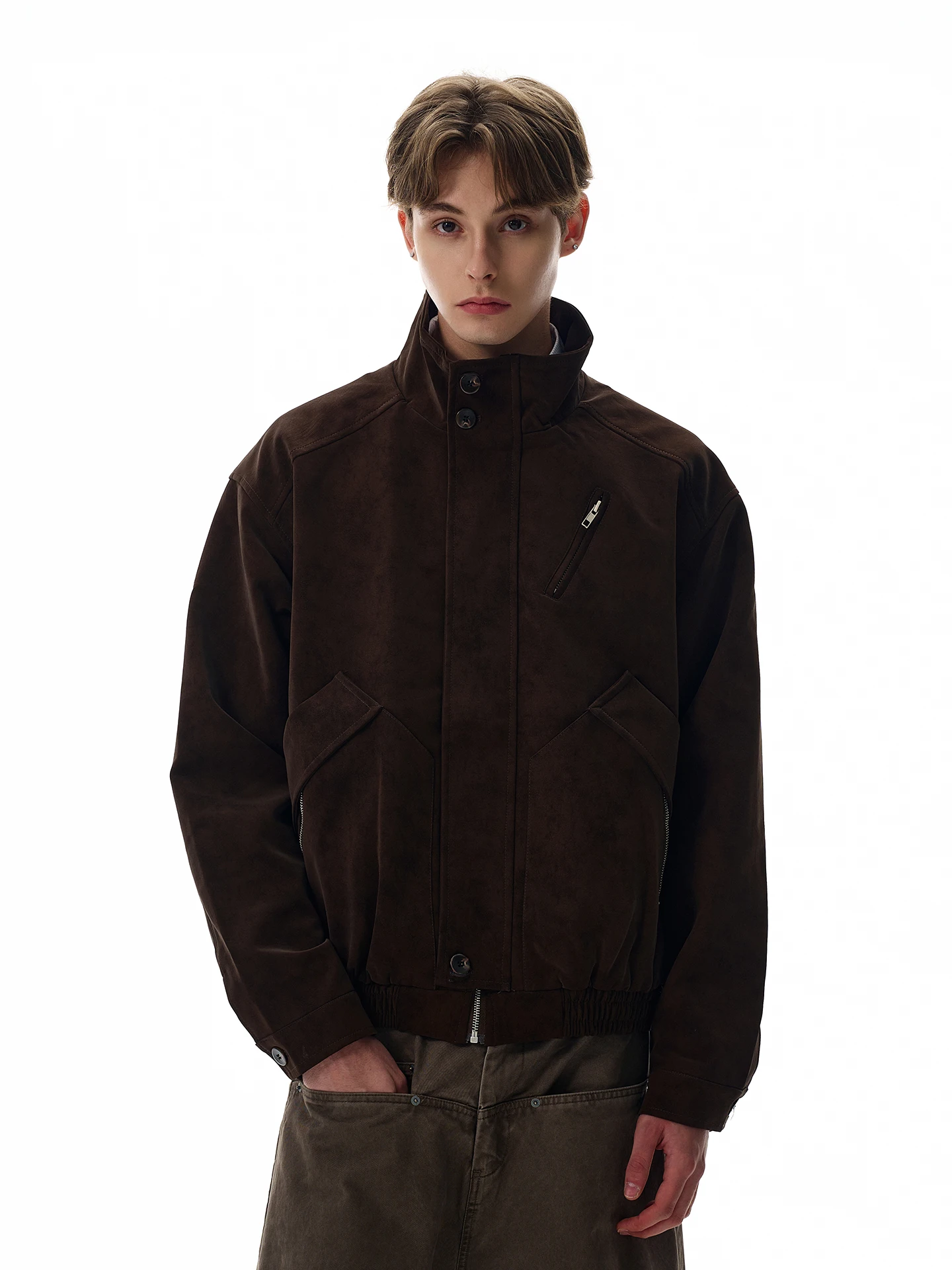 

American Retro Brown Stand Collar Jaet ort Boxy Sle Barn Sle Outerwear Youth ular Loose Fit Polyester Fiber