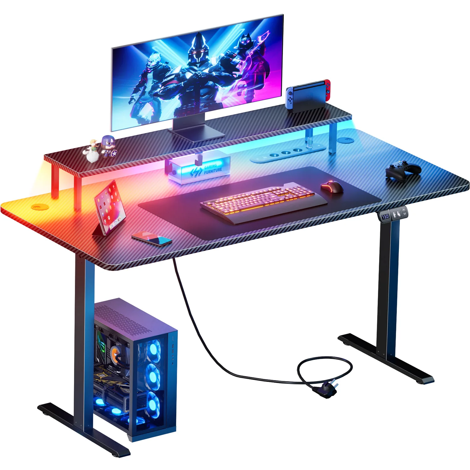 Elektrisch höhenverstellbarer Sitz-Steh-Bürotisch, Gaming-Computer-Arbeitsplatz mit integrierten Steckdosen und USB-Anschlüssen, Monitorerhöhung, 2 Höhen-Memory-Presets, schwarze
