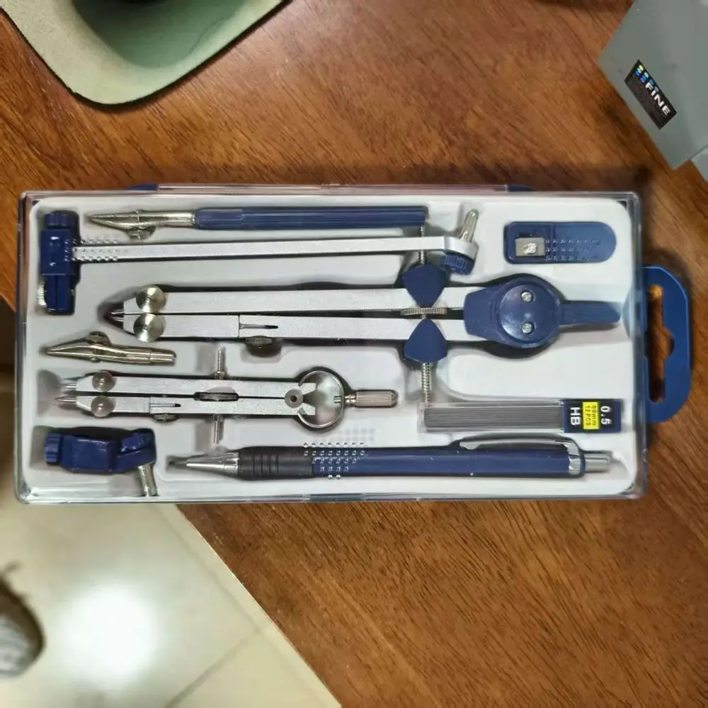 7pcs/Pack Transparent Cover Drawing Compass Kit Measuring Ruler Mechanical Pencil Drawing Tool Set Plastic Stainless steel