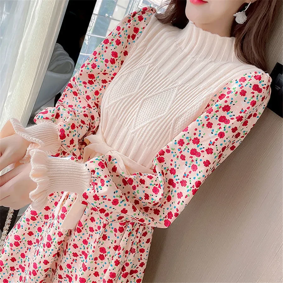 

Sweater dresses for women winter splicing Pullover bandage Slim knitting dress sweet corduroy Floral print Dress vestido V214