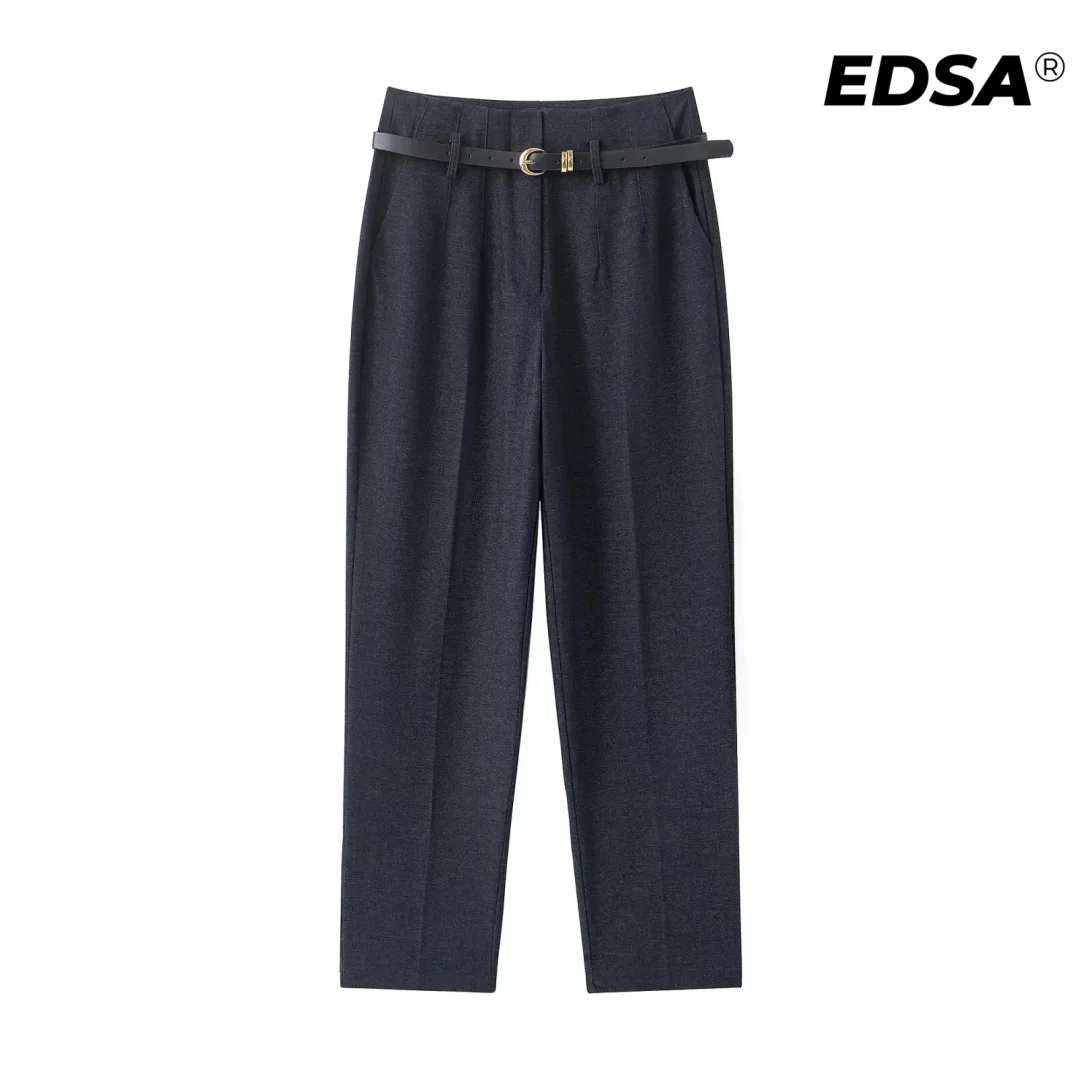 EDSA Women Fitted High Waist Trousers with Belt Straight Leg Long Pants for Office Lady Streetwear