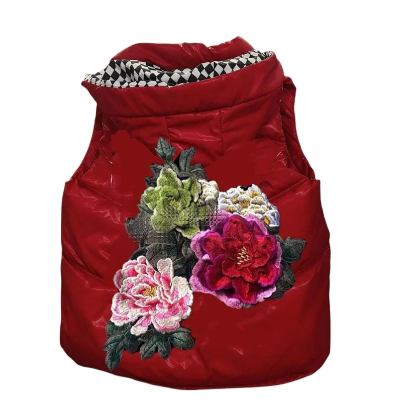 New autumn and winter fashion casual rose embroidery hooded short shiny vest women niche unique design sense vest