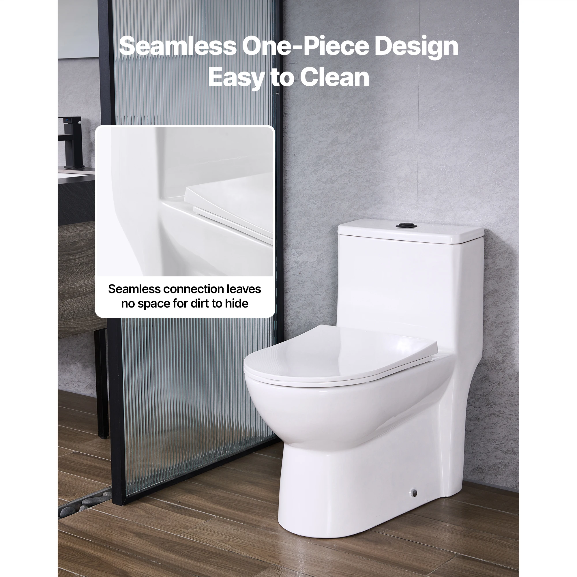 SucceBuy One-Piece Toilet Elongated Vortex Dual-Flush Toilets for Bathroom with Comfortable Chair Seat Easy-Clean Skirted Design
