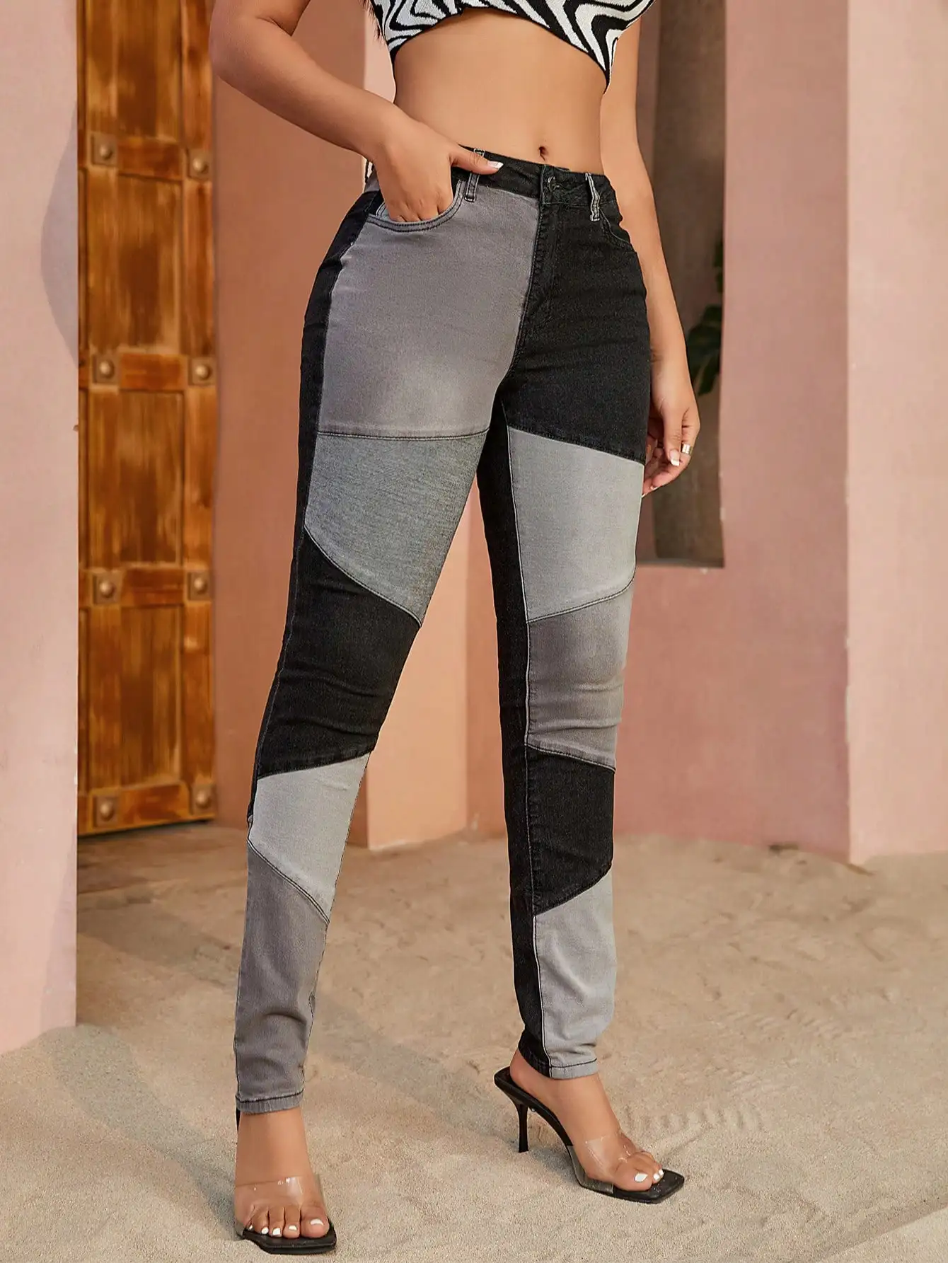 

Vintage Mid Waist Stretchy Slant Pocket Patchwork Pants Colorblock Skinny Jeans