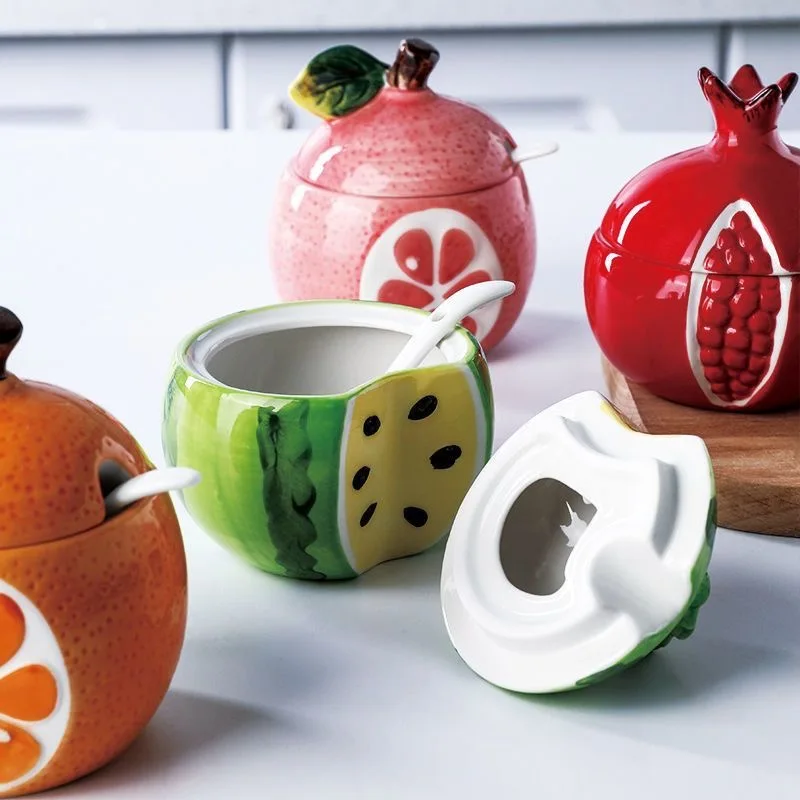 Ceramic Seasoning Jar Bottle Kitchen Racks Fruit Melon Shape Spices Storage Tank Sugar Bowl with Lid and Spoon Decoration