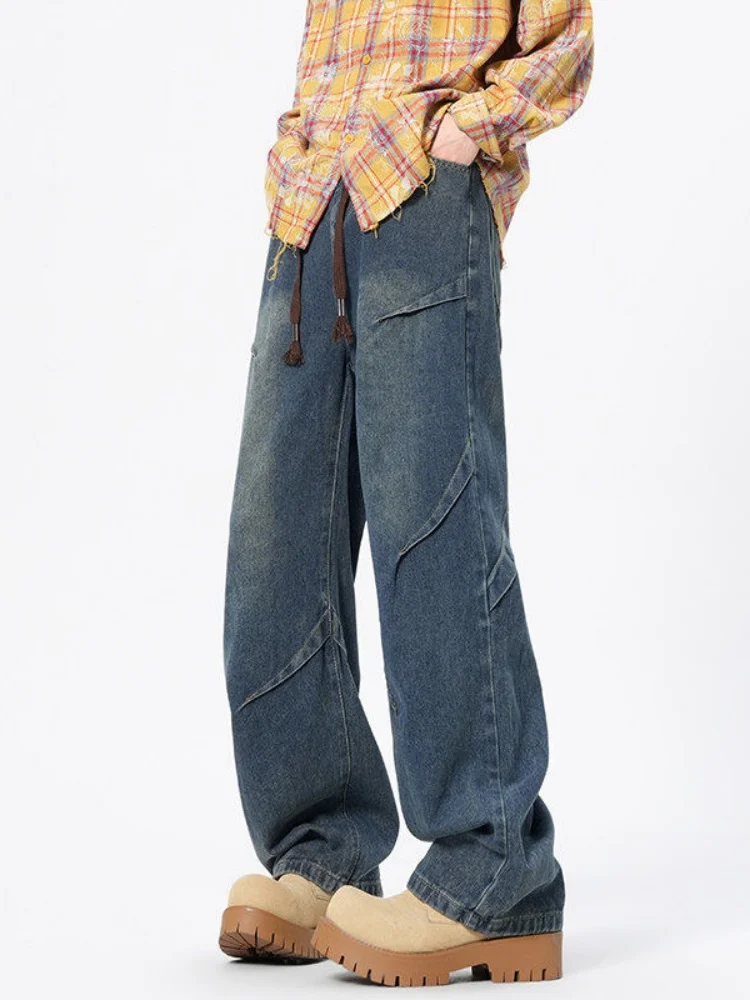 

American Sle Men's Wide Leg Jeans Spring Autumn Loose Straight Cut Trousers Folded Design High Street CleanFit Decosition