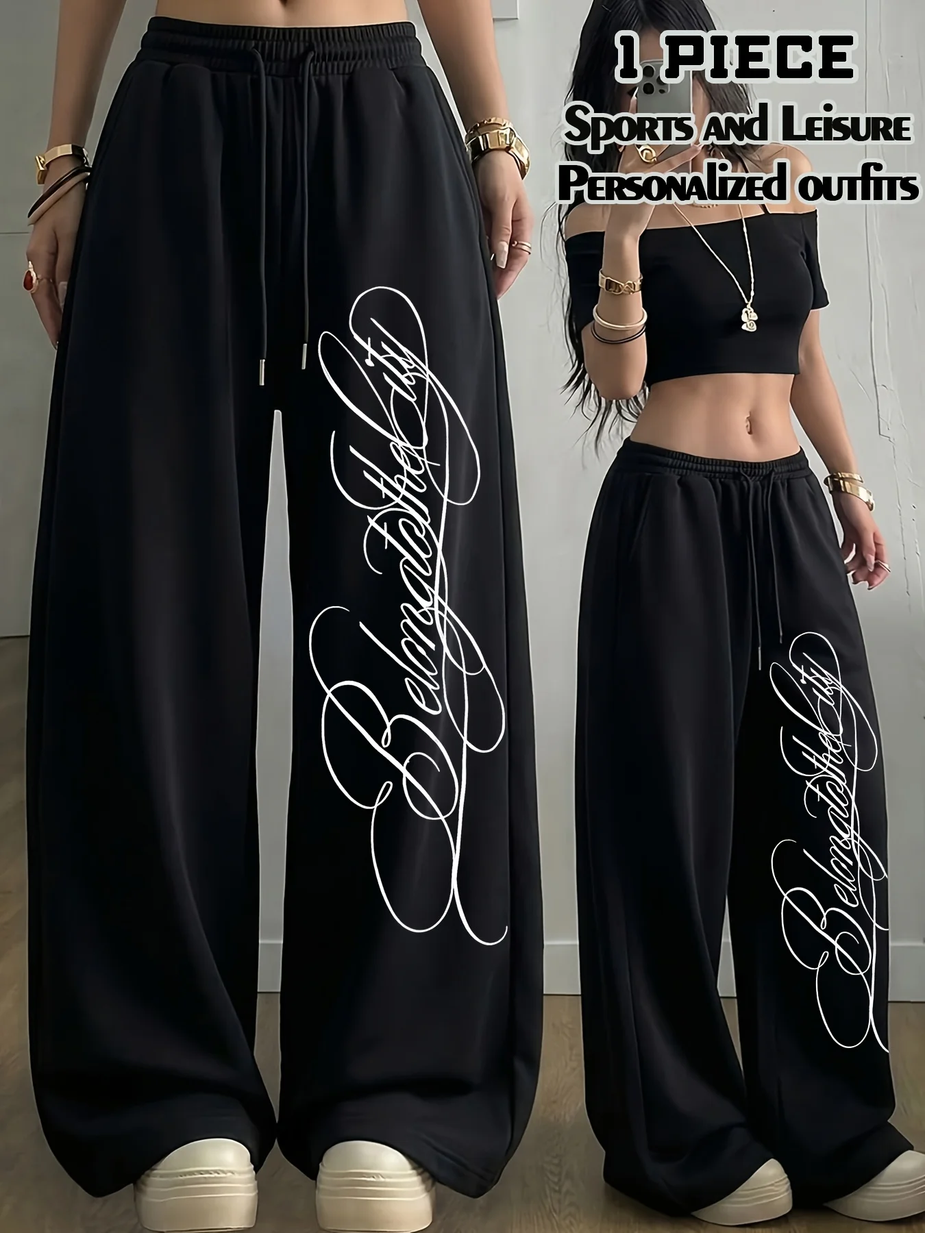 Street Style White Line Floral Print Pants for Men and Women, Casual Sports Straight Leg Pants