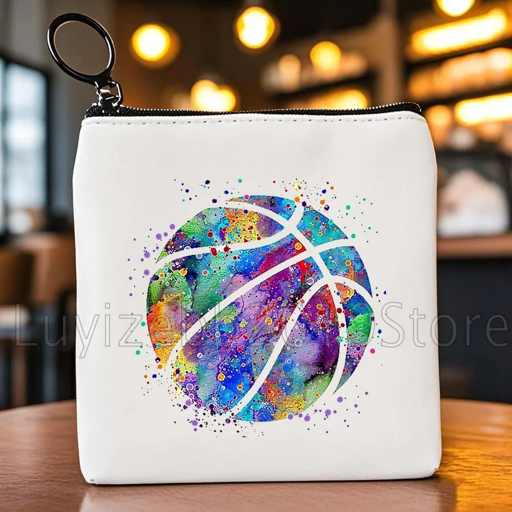 Basketbalbal Aquarel Sportgeschenken Canvas Portemonnee Kleine vierkante tas Sleutel Reisopslag Kaarttassen Portemonneezakje Draagbaar