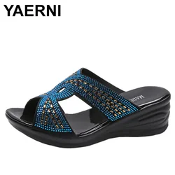 YAERNI  Platform Slipper Woman High Heels Wedges Shoes Crystal Thick Sole Slippers High Heels Fish Mouth Mother Slipper Zapatos