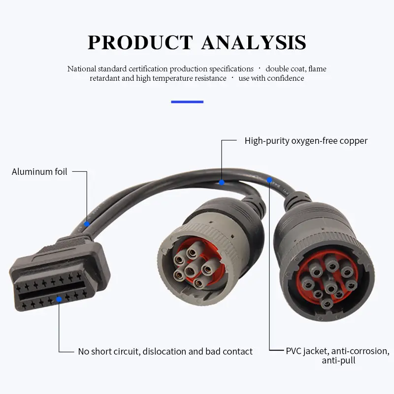 For Deutsch Y 9Pin J1939 Truck Cable to OBD2 16Pin Female Adapter J1708 OBD 6Pin Cable for Car Truck Diagnosctic Tool Connector