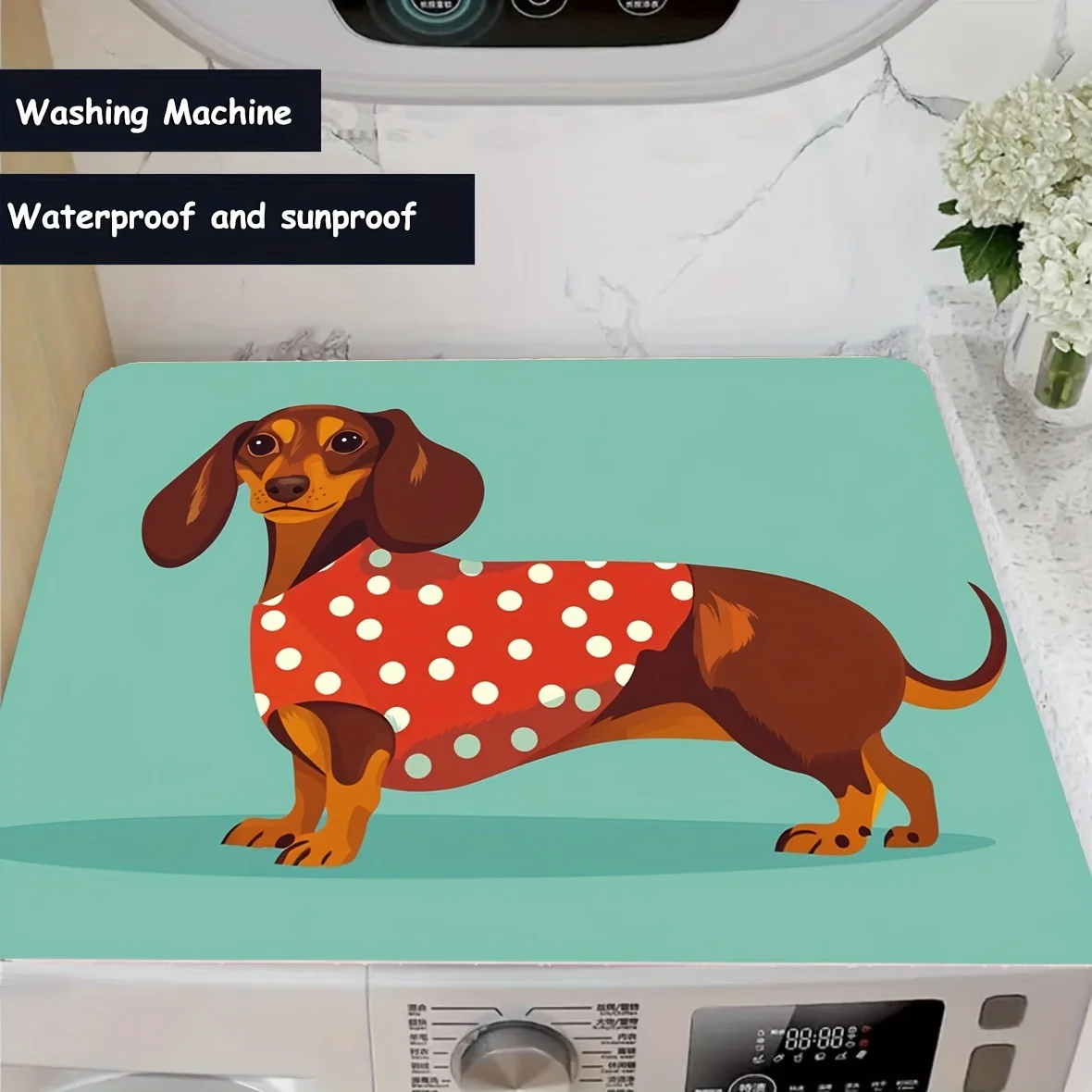 

1pc Cartoon Dachsausage Dog Wearing Polka Dot Clothes, Creative Design Dust Mat, Laundry Room Decoration, Home Decoration