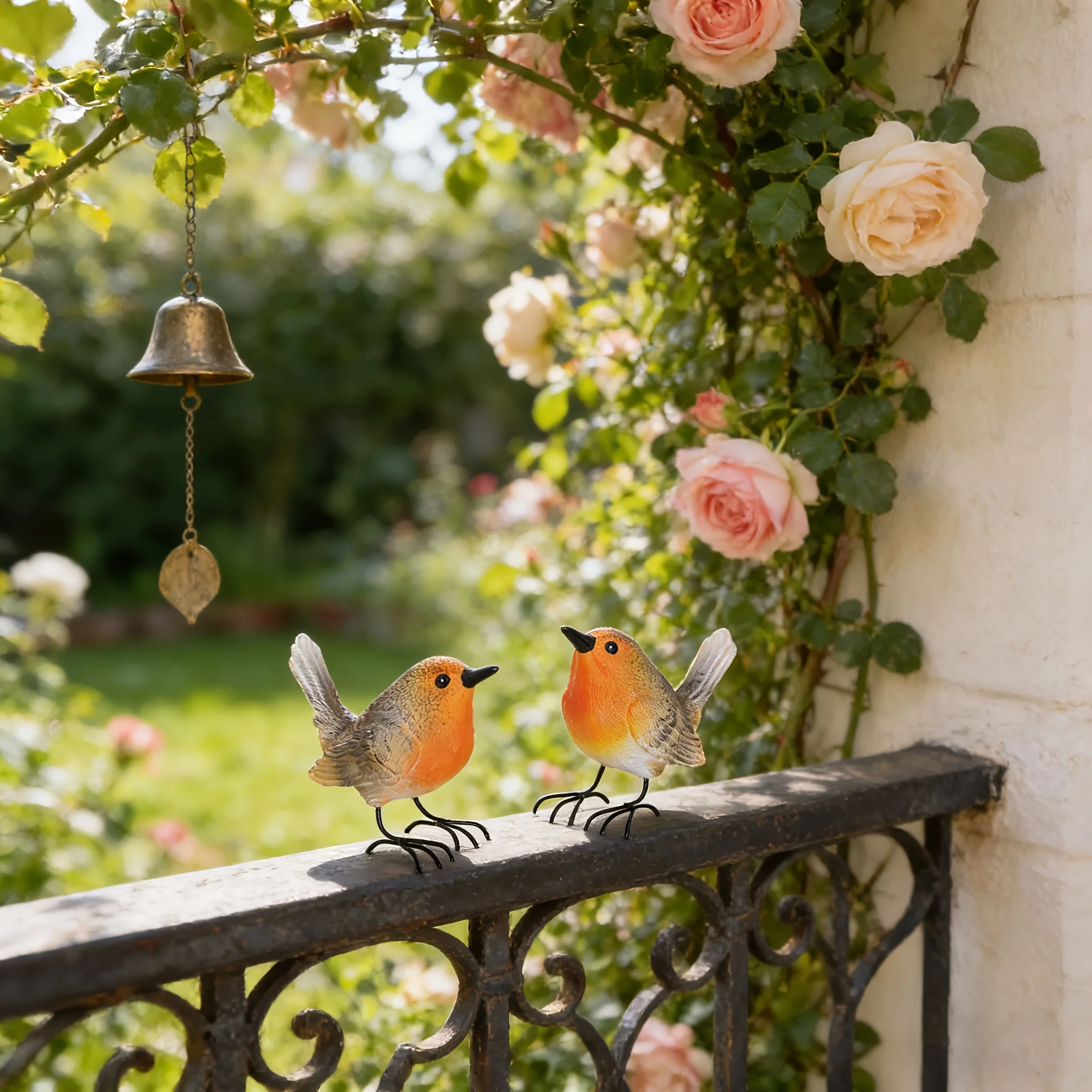 2 Sets of Adorable Robin Bird Resin Statues, Hand-Painted Garden Courtyard Decorations, Suitable for Outdoor, Indoor Balconies,