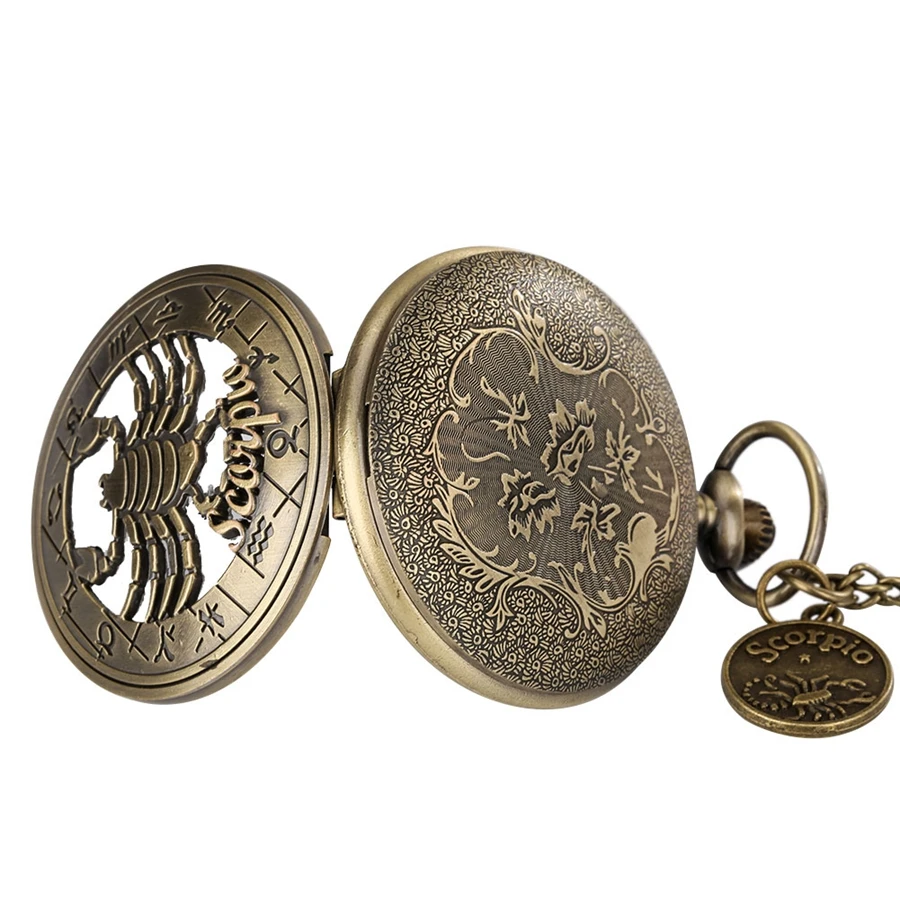 Bronzo scorpione orologio da tasca al quarzo a catena lunga 12 costellazioni collana con ciondolo uomo donna gioielli regalo con accessorio scorpione