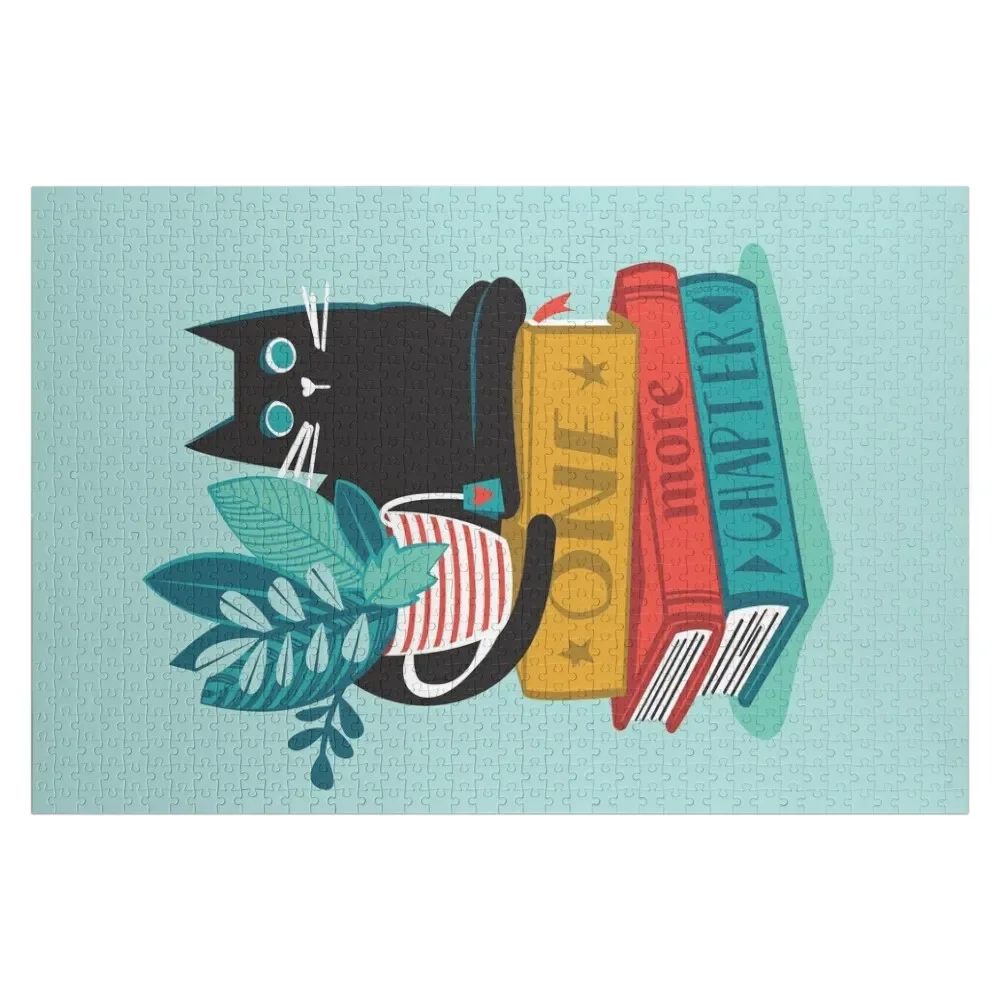 

One more chapter // aqua background black cat striped mug with plants red teal and yellow books with quote Jigsaw Puzzle