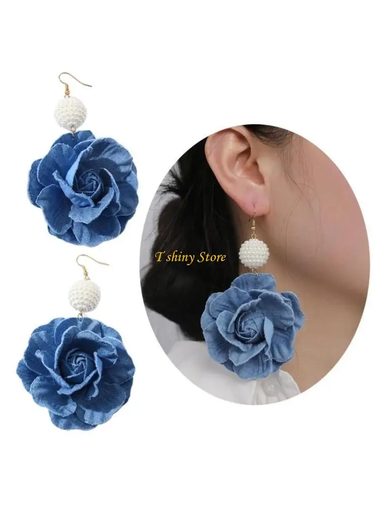 N58F Handmade Camellia Flower Earrings Lightweight Blue Floral Long Eardrop Accessory