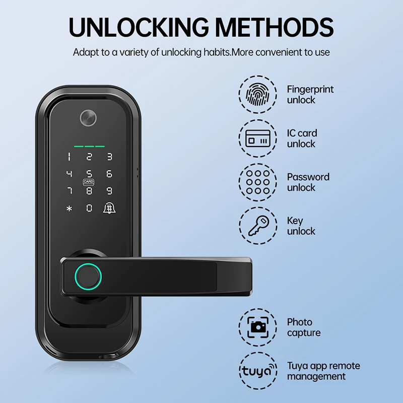 Jeatone WiFi Smart Door Lock Tuya Digital Electronic With Biometric Camera Door Handle Fingerprint IC Card Password Key Unlock