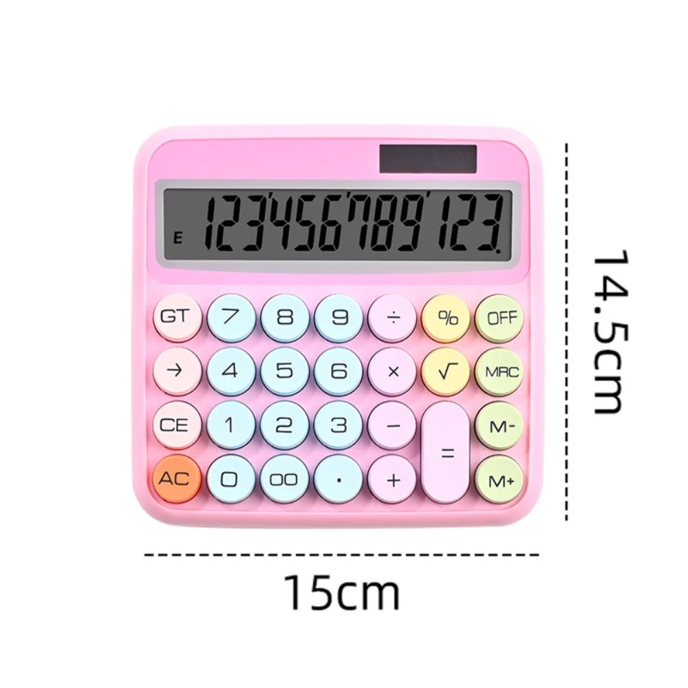 Mechanical Calculator 12 Digit Large LCD Display Big Round Button 15°Tilt Screen Cute Candy Colored Dual Power Supply Calculator