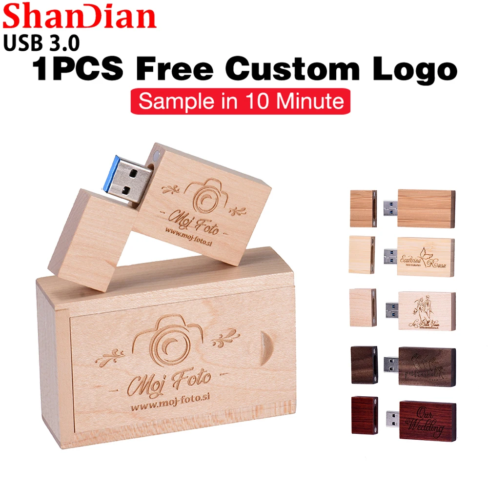 5PCS/Lot Wooden Gift Box High Speed USB 3.0 Flash Drive Free Logo Photography Custom Pen Drive Real Capacity Memory Stick 64GB