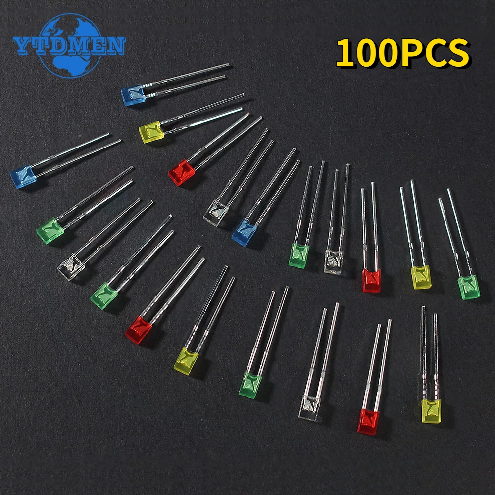 100PCS LED Diode 2x3x4 Square LED Lights Diodes Kit 5 Colors White Green Red Blue Yellow