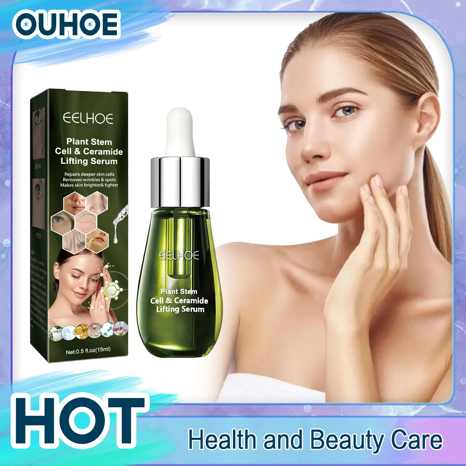 Face Serum Plant Stem Cell & Ceramide Lifting Natural Skin Lightening Essence Repair Damaged Skin Reduce Fine Lines & Wrinkles