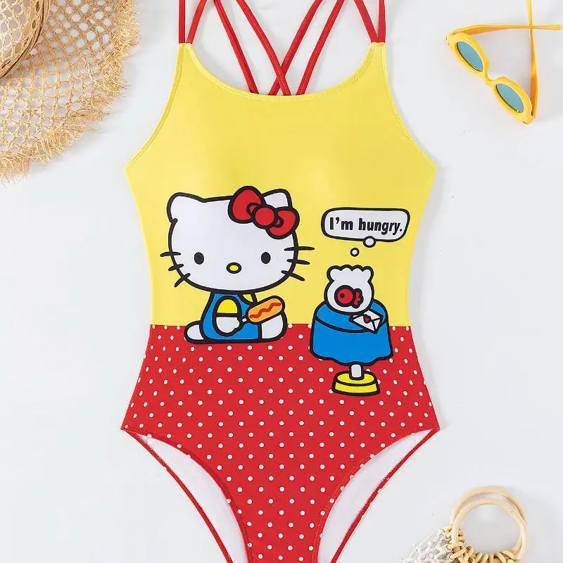 Sanrio Girl Bikini de una pieza Hello Kitty nuevo estilo traje de baño competitivo moda sin mangas cubierta del vientre playa traje de baño triangular