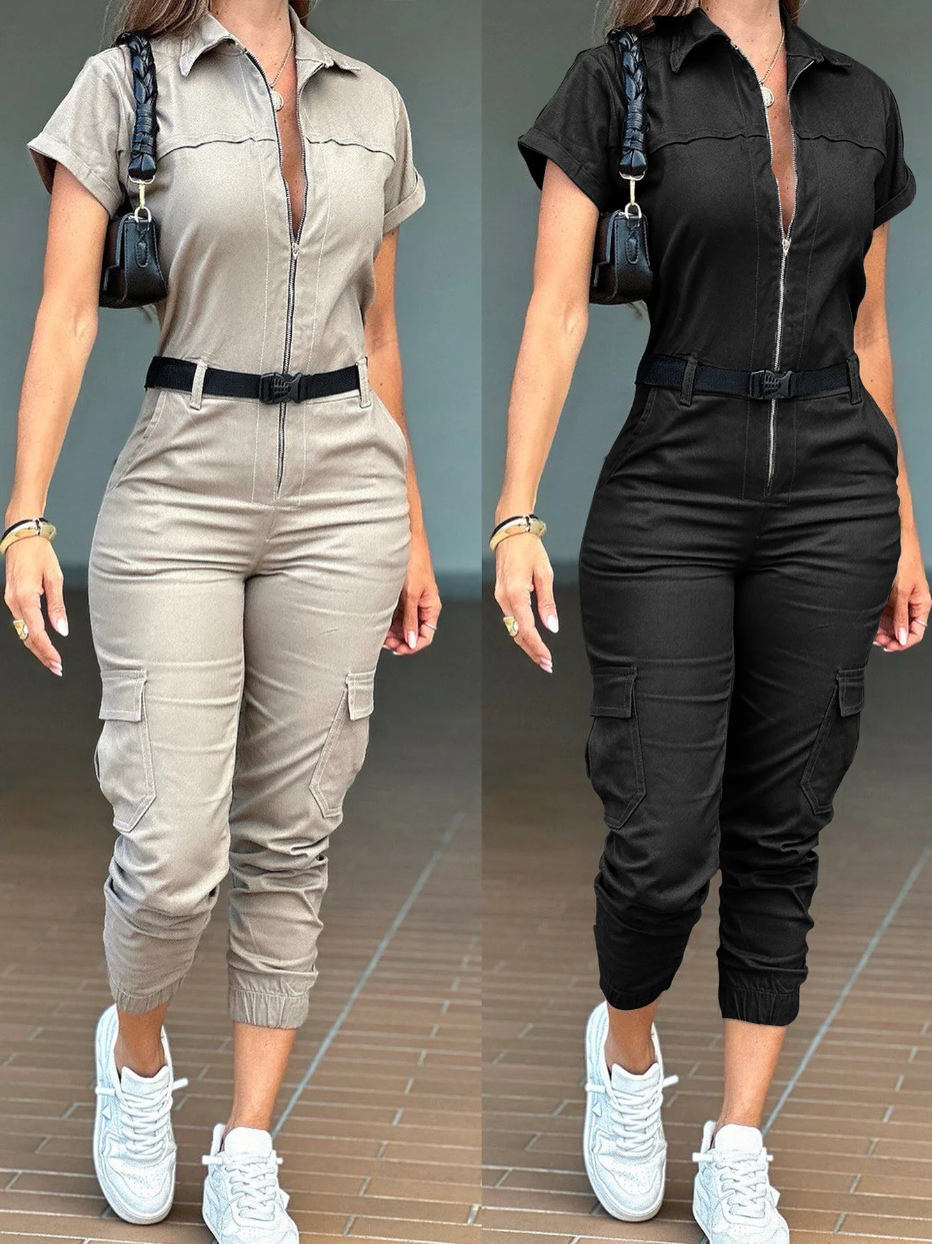 여성 캐주얼 작업복 점프수트 지퍼 또는 멀티 포켓 유틸리티 슈트 롱 팬츠 폴리에스터 섬유 오피스 출퇴근 슬레