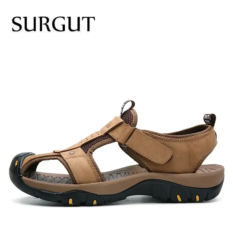SURGUT Summer New Sandals Men Leather Classic Roman Sandals 2026 Slipper Outdoor Sneaker Beach Men Water Trekking Casual Sandals