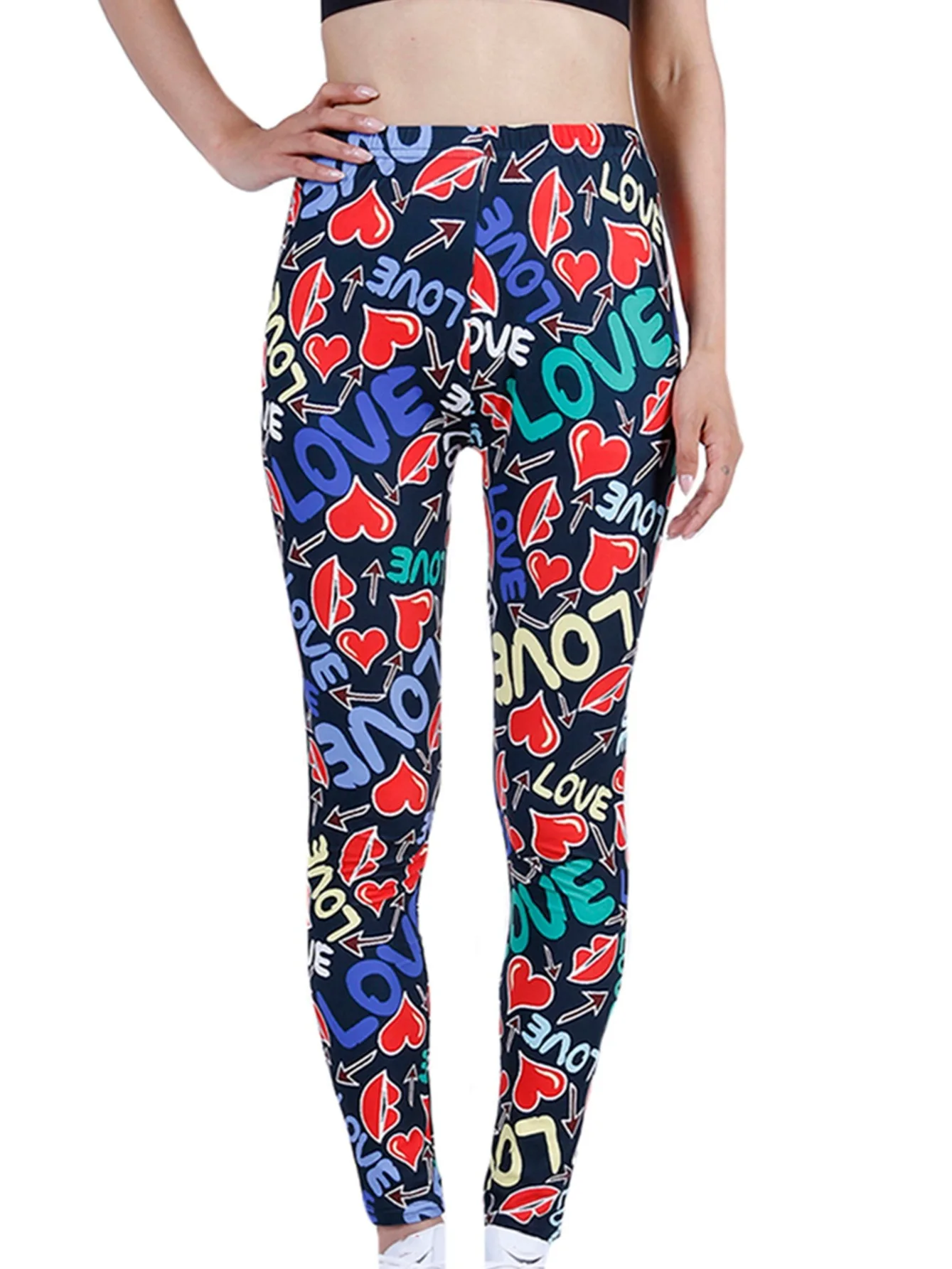 Women Colorful “LOVE” Heart Graffiti Print Leggings High Stretch tights Knit Fashionable Casual Cropped Pants