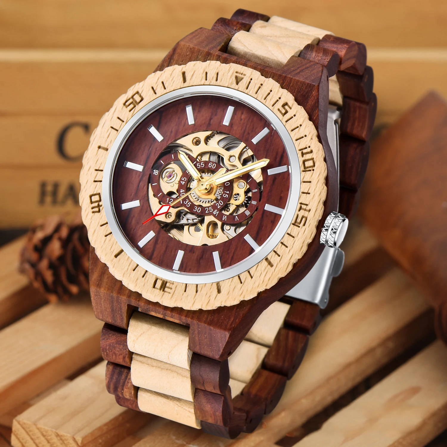 Brown Hollow Luxury Design Men's Automatic Mechanical Hand Wind Watch Casual Fashion Trend Accessories Men's Wooden Watch