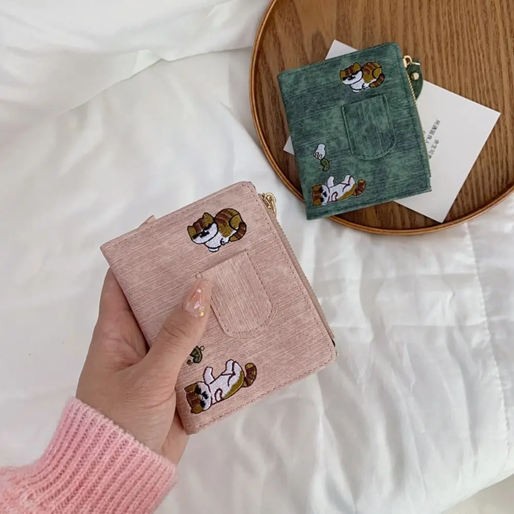 Koreaanse stijl geborduurde kat portemonnee portemonnee korte clutch muntzakje rits multifunctionele PU lederen kaarthouder kaart opbergtas
