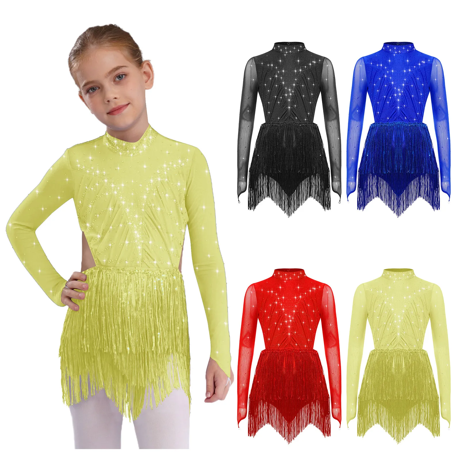 Kinder Mädchen Latin Jazz Dance Trikot Kleid Pailletten Quasten Langarm Rückenfrei Strass Body Bühnenkostüm