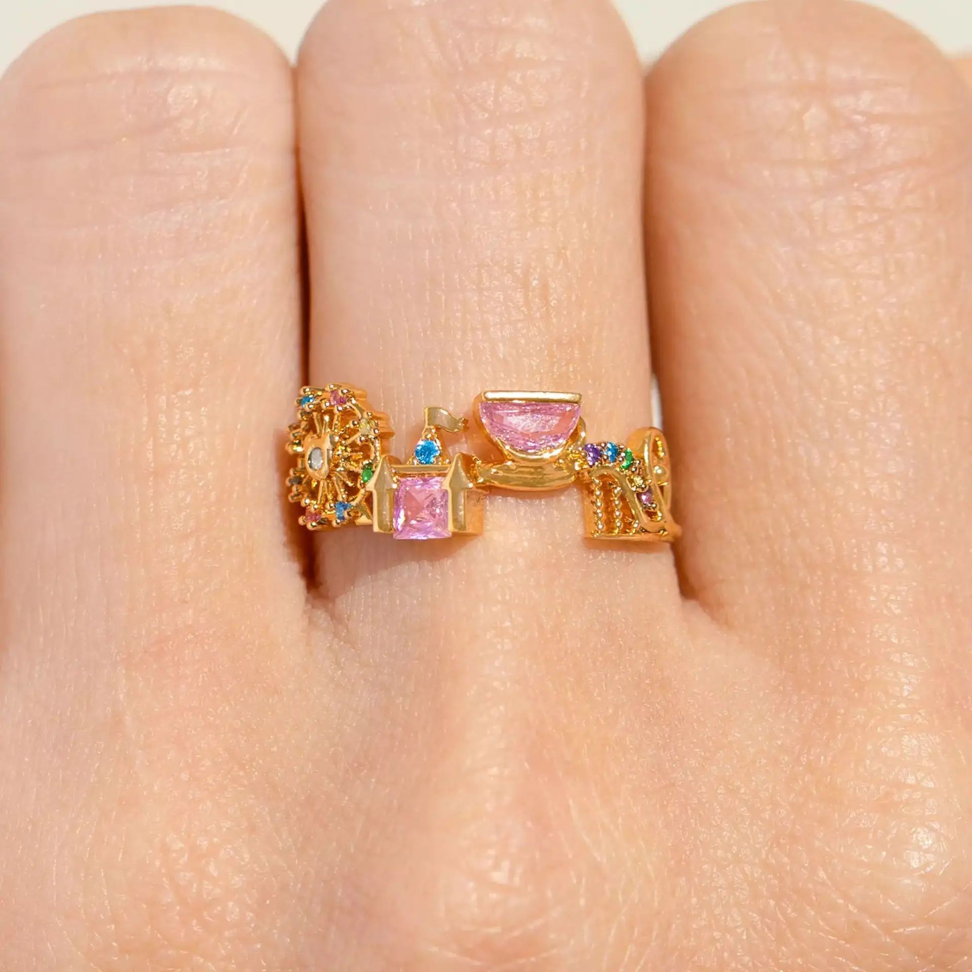 FTCY 2PCS Exquisite Colored Zircon Inlaid Amusement Park Ring For Women Castle Vegetable Ring Fashion Jewelry Gift